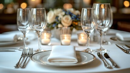 Silver cutlery rests on white linen napkins at a formal dinner