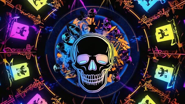 crazy skulls with neon effect. Funny Halloween background with fluorescent effect for parties and events