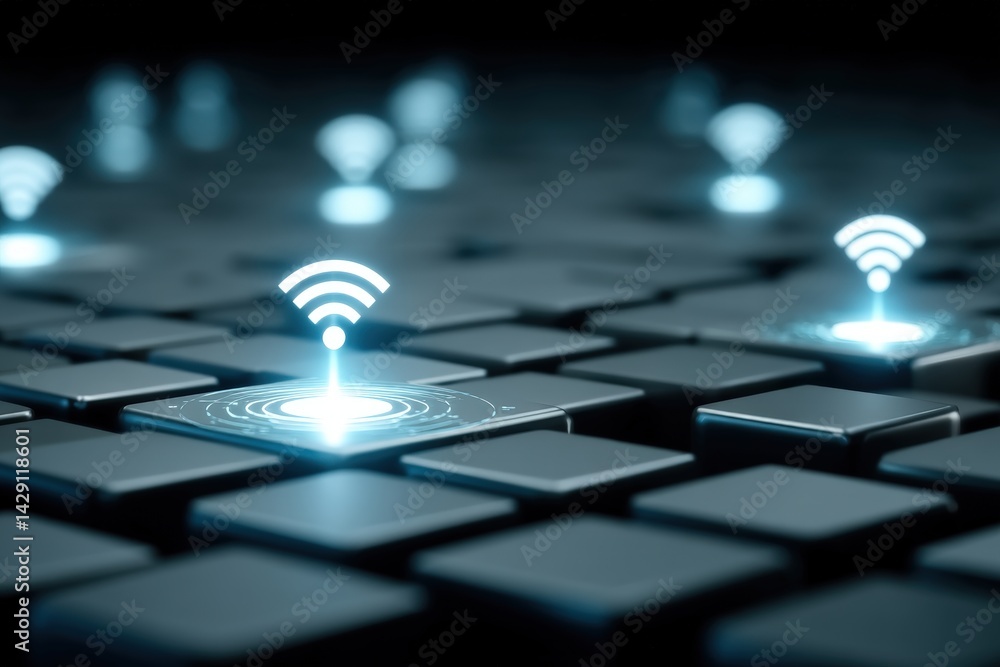 Poster digital representation of wireless connectivity on a keyboard.