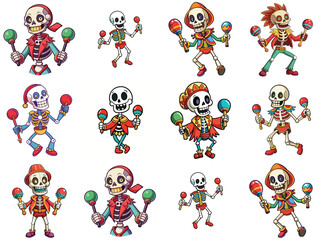 Skeleton with maracas vector illustration isolated on white background.