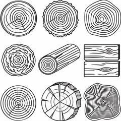Wood logs and tree rings vector graphic collection isolated on white background