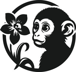 Black vector silhouette of monkey with flower