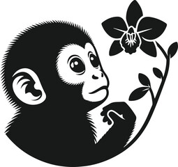 Black vector silhouette of monkey with flower