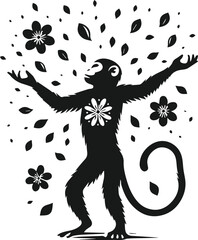 Black vector silhouette of monkey with flower