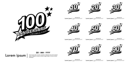 Set of 10-100th years anniversary celebration emblem. black anniversary logo isolated with ribbon and star on white background. vector illustration template design for web, flyers, poster, greeting