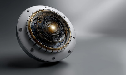 futuristic abstract design featuring circular mechanical element with intricate gears and glowing center, evoking sense of advanced technology and innovation