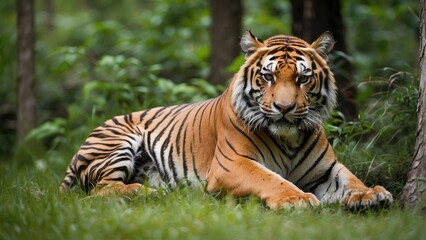 Obraz premium Majestic Bengal Tiger Resting in Wild Jungle Habitat