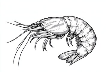 Detailed monochrome drawing of a shrimp with long antennae on white page