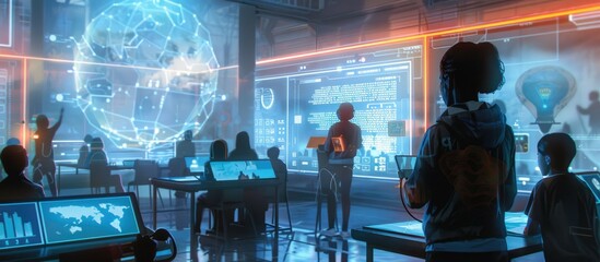 A futuristic classroom where a human teacher and an AI assistant engage with students. The room is filled with interactive holograms and advanced learning tools. The AI assistant helps a student