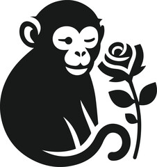 Black vector silhouette of monkey with flower