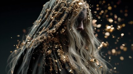 A mystical figure with long, flowing white hair is shrouded in a dark garment speckled with gold, creating an ethereal and otherworldly atmosphere.