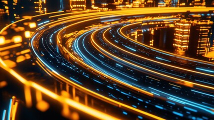 Futuristic cityscape at night with glowing neon lights and dynamic traffic flow in motion