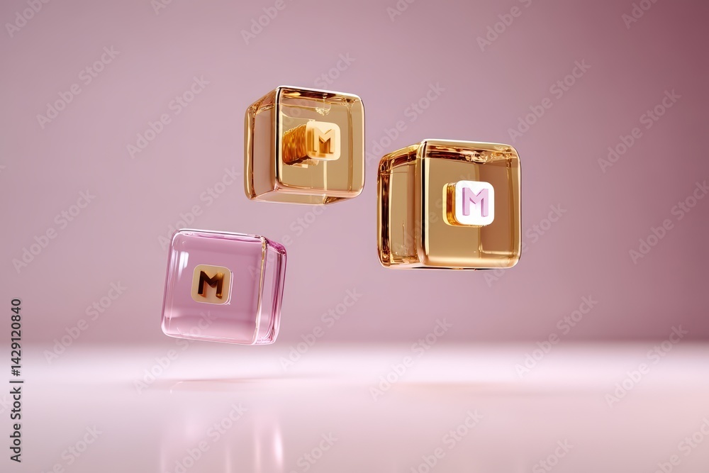 Poster three elegant perfume bottles floating against a soft background.