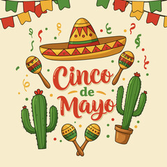 Colorful Cinco de Mayo celebration illustration featuring tacos, sombrero, maracas, cactus, and festive elements on a bright background. Perfect for Mexican holiday themes, party invitations