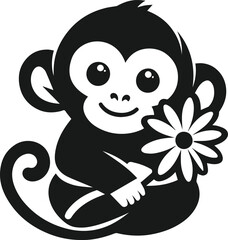 Black vector silhouette of monkey with flower