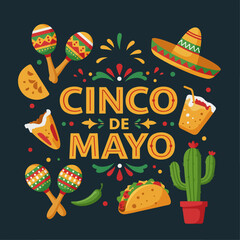 Colorful Cinco de Mayo celebration illustration featuring tacos, sombrero, maracas, cactus, and festive elements on a dark background. Perfect for Mexican holiday themes, party invitations