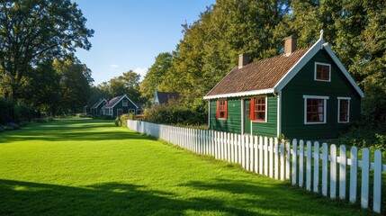 Cottage sits on the lawn, with green trees in the background. Travel purpose