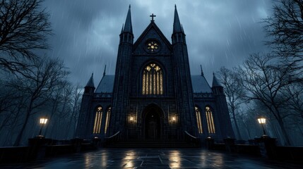 Obraz premium A large, dark church with a steeple and a cross on top