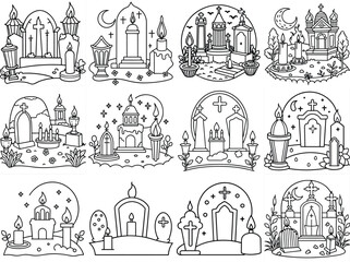 Candlelit graveyard scene outline vector illustration isolated on white background.