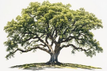 A large tree with green leaves and thick branches against a white ground