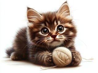 Adorable Brown Kitten Playing with Yarn Ball on White Background, Expressive Eyes, Whiskers and Fluffy Fur for Pet and Animal Lovers