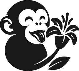 Black vector silhouette of monkey with flower