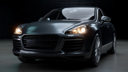 sleek black luxury car with illuminated headlights, showcasing its modern design and elegance in dimly lit environment, evokes sense of sophistication and power