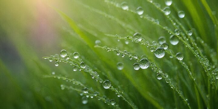 Zarte Gr&auml;ser mit perfekt geformten Tautropfen im sanften Licht eines nebligen Morgens