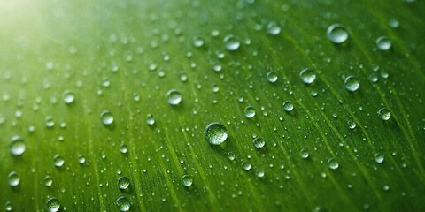 Wassertropfen auf grünem Pflanzenblatt mit feiner Blattstruktur in Nahaufnahme