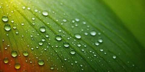 Makroaufnahme von Tautropfen auf grünem Blatt mit orangefarbenem Farbverlauf bei Tageslicht