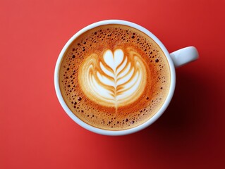 Aromatic Morning Brew: Top-Down View of Latte Art in a White Cup on a Red Background, Evoking Warmth and Comfort