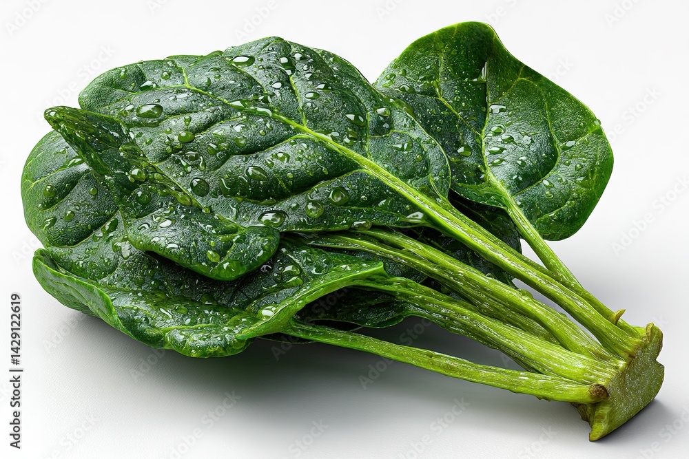 Poster freshly washed spinach leaves with water droplets on a light background creating a vibrant display o