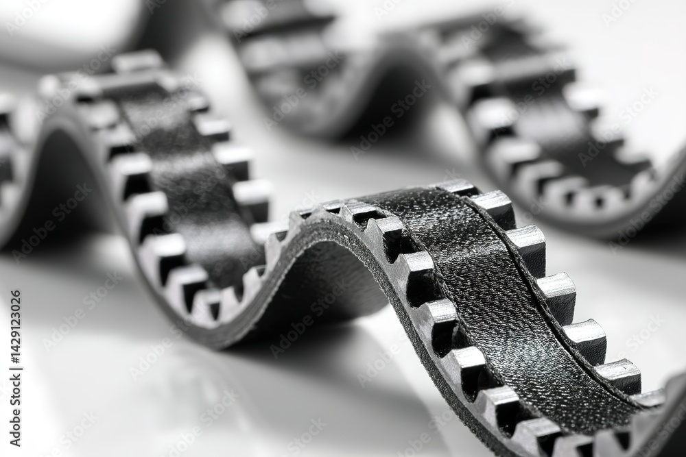 Poster close-up view of a flexible black timing belt with teeth designed for mechanical applications