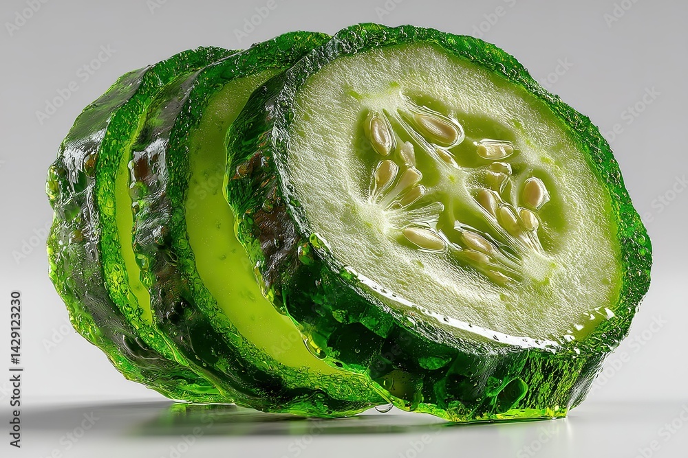 Poster freshly sliced cucumber showcasing vibrant green color and juicy texture against a clean background 