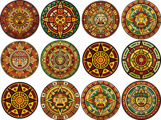 Obraz premium Set of aztec calenda Vector illustration isolated on white background.