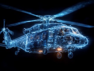 Digital Blueprint of a Futuristic Helicopter: A Glowing, Intricate Wireframe Design Showcasing Advanced Technology in a Black Background