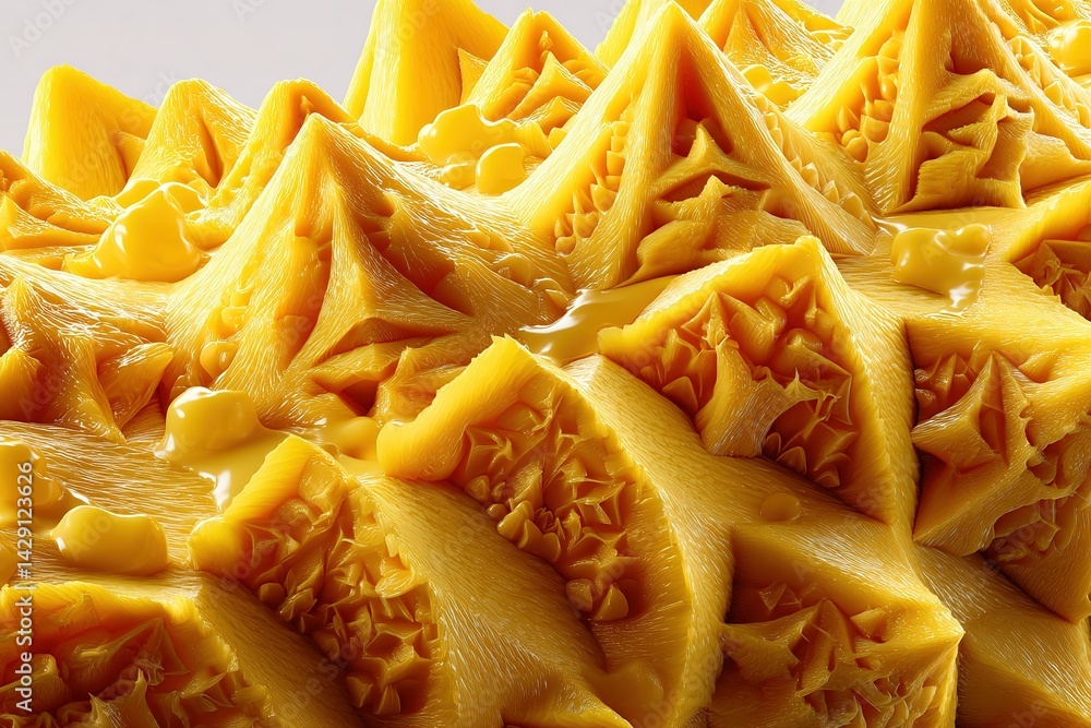 Poster intricate yellow geometric structure with sharp peaks and textured surface in a close-up view
