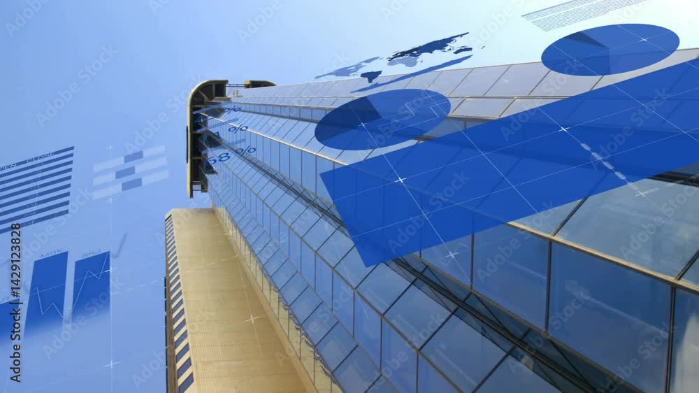 Poster skyline visualization showing glass skyscraper rising with floating charts and global data overlay
