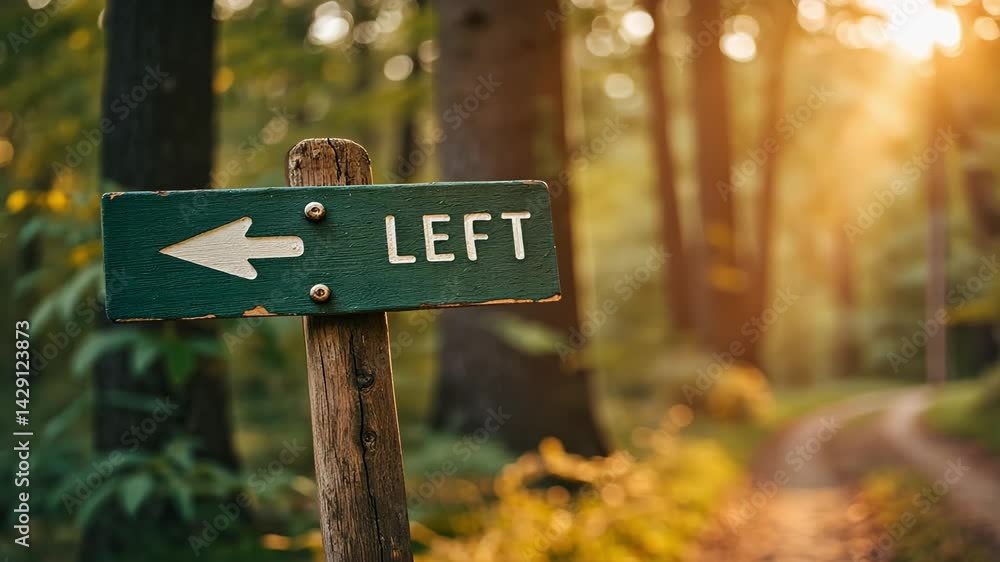 Poster rustic wooden directional signpost indicating left with forest background and soft sunlight glowing 
