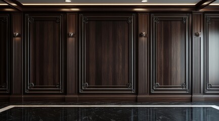 Fototapeta premium Dark wood paneling in a classic interior design. Large framed wall panels, elegant columns, and a marble floor create a sophisticated space