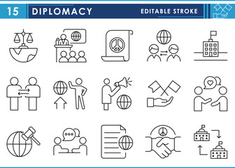 A set of line icons related to Diplomacy. Negotiation, ambassador, politics, mutual respect, alliance, bilateral, and so on. Vector editable stroke.
