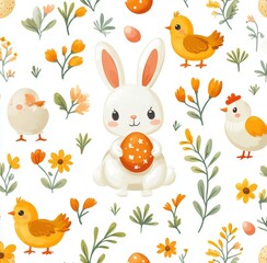 Fototapeta premium Charming bunnies and cheerful chicks celebrate Easter in a delightful seamless pattern filled with pastel colors and flowers