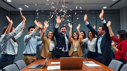 4K Corporate Team Celebrating Success with Confetti and High-Fives