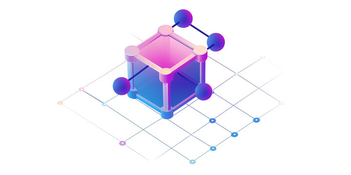 Isometric neon cube with connected nodes on a network grid, representing blockchain technology, data science, and futuristic digital connection