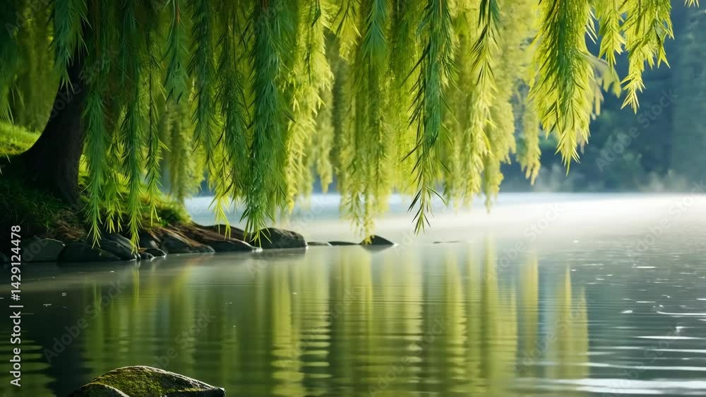 Poster serene weeping willow tree branches over calm water surrounded by mist in a tranquil nature setting 
