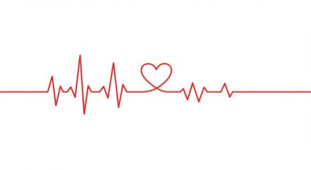 Minimalist red heartbeat line transforming into heart symbol on white background representing cardiology and love