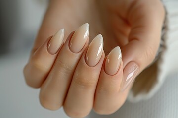 The close up picture of the finger nail of the caucasian female is polished and colour with beauty treatment, the nail technician is professional who provides nail care services and nail art. AIG51.