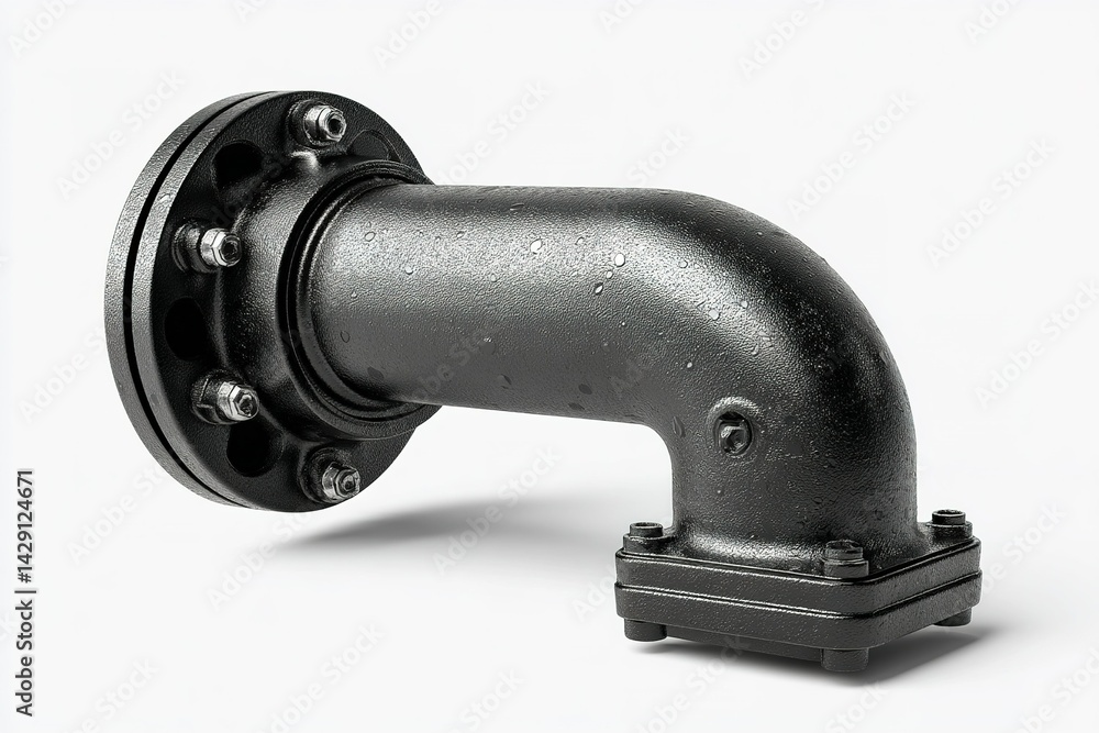 Poster metallic pipe fitting designed for industrial applications in a workshop setting with visible water 