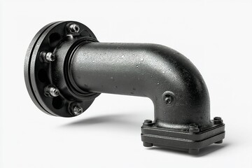 Metallic pipe fitting designed for industrial applications in a workshop setting with visible water droplets