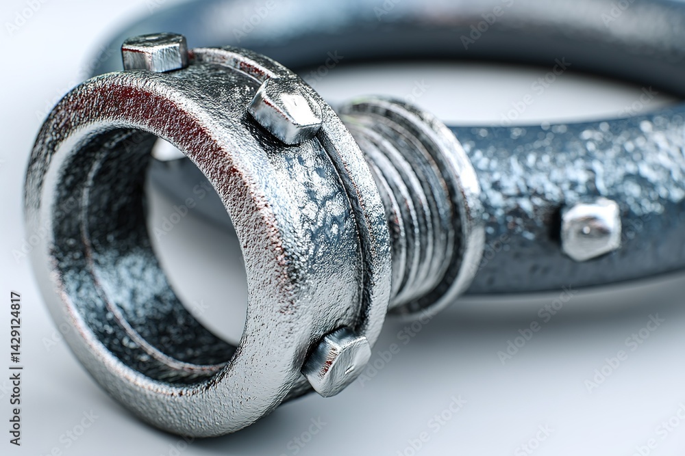 Poster close-up view of a metallic connection fitting with textured surface showing detail of industrial de